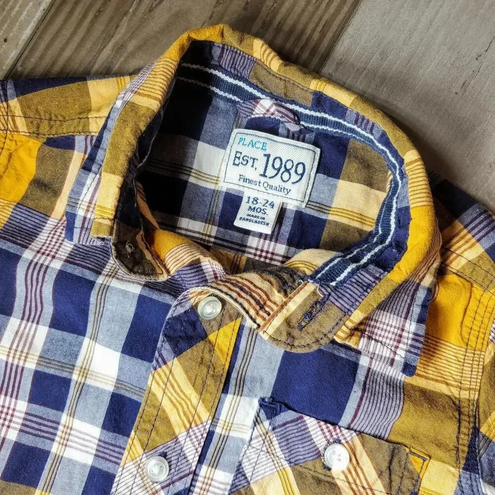 PLACE EST. 1989 Blue Yellow Plaid Button Down Boys Shirt Size 18-24 Mos NWOT